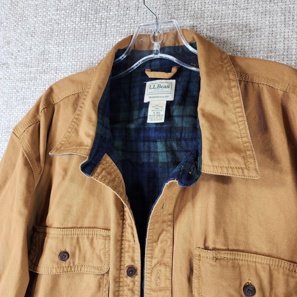 LL‎ Bean Field Shirt Jacket Mens XL Tan Plaid Flannel Lined Double Pocket Chore - Picture 2 of 12